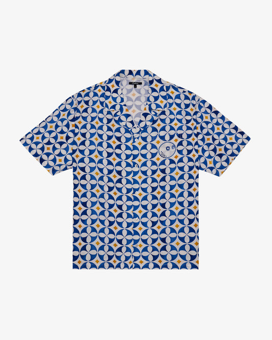 Malbon "Riviera Camp Collar Shirt" M - White / Blue / Gold