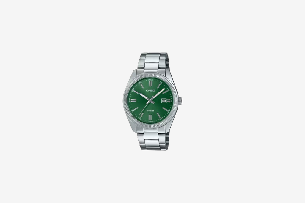 Casio MTP1302D-3AV Green store Dial Silver Watch NEW AUTHENTIC